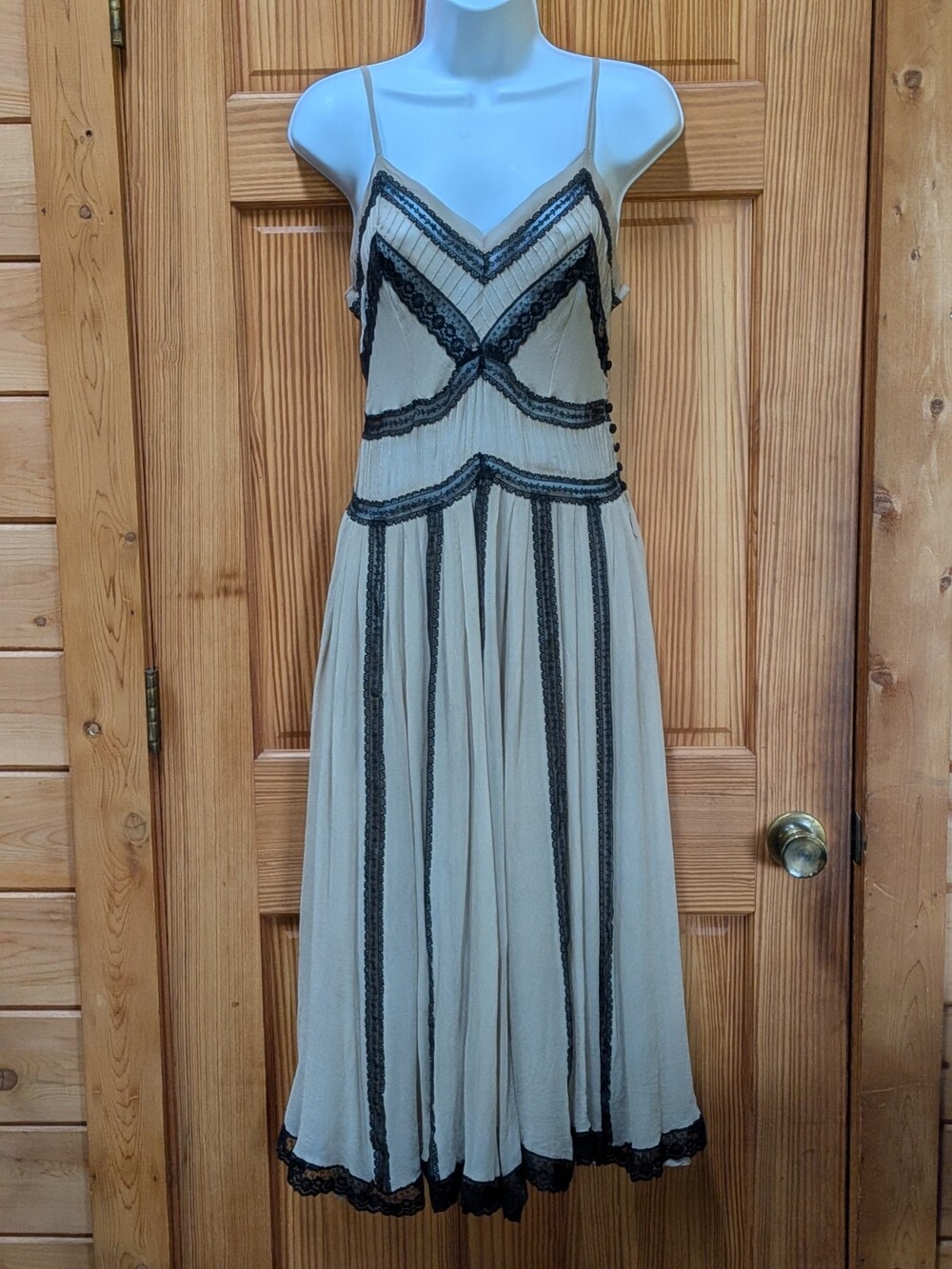 Hannah Jo 100% Silk Tan & Black Whimsygoth Lacey Midi Lined Coquette Dress XS-S